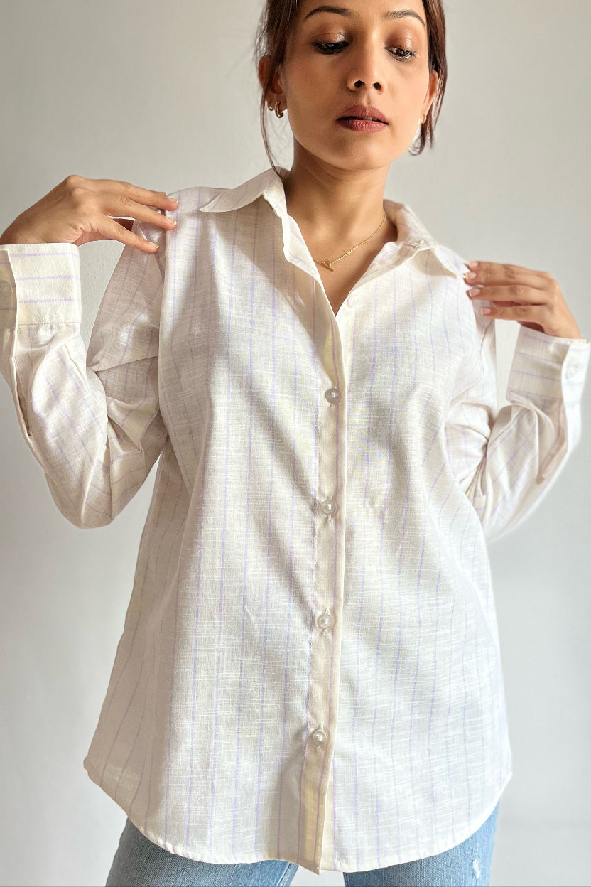 Serene Off-White Striped Linen Shirt for Petites