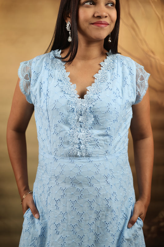 Light Blue Cotton Schiffli Midi Dress
