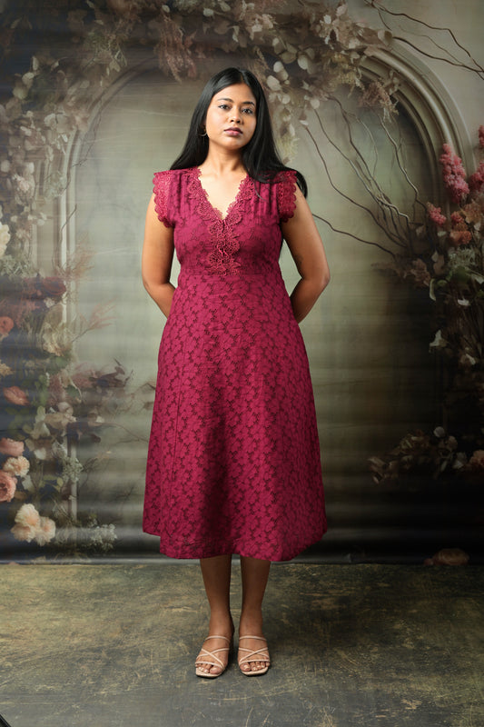 Maroon Cotton Schiffli Midi Dress