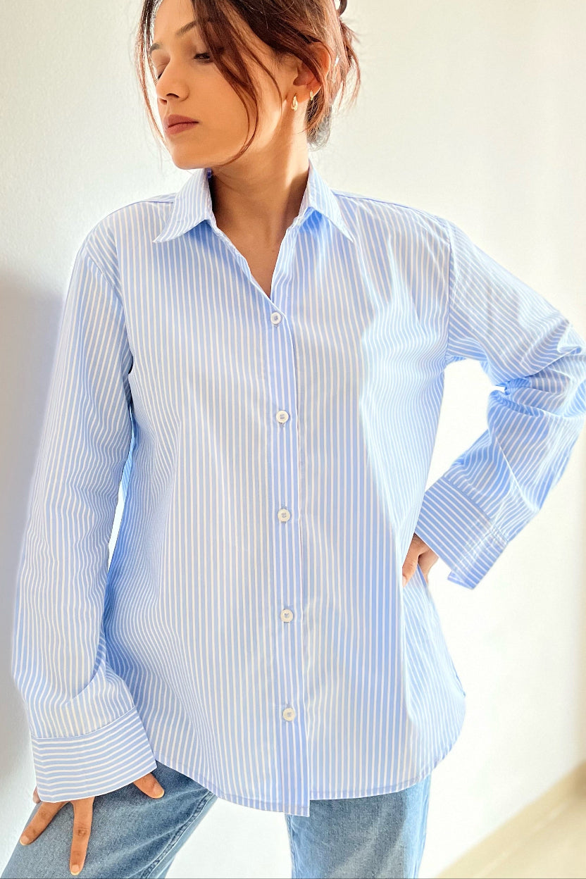 Striped Blue Cotton Shirt for Petites