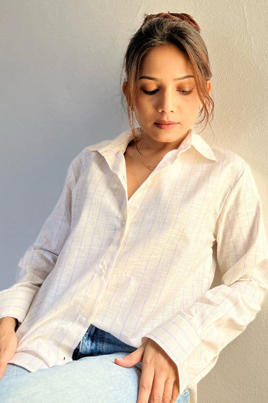 Serene Off-White Striped Linen Shirt for Petites