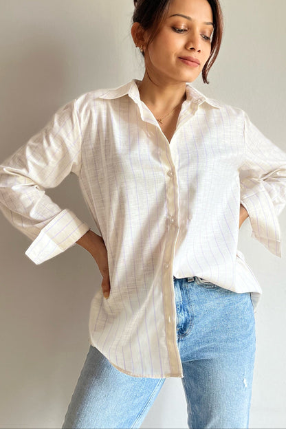 Serene Off-White Striped Linen Shirt for Petites