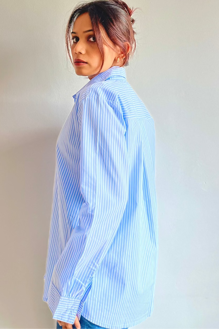 Striped Blue Cotton Shirt for Petites