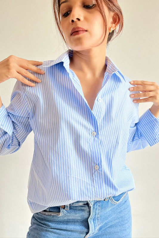 Striped Blue Cotton Shirt for Petites