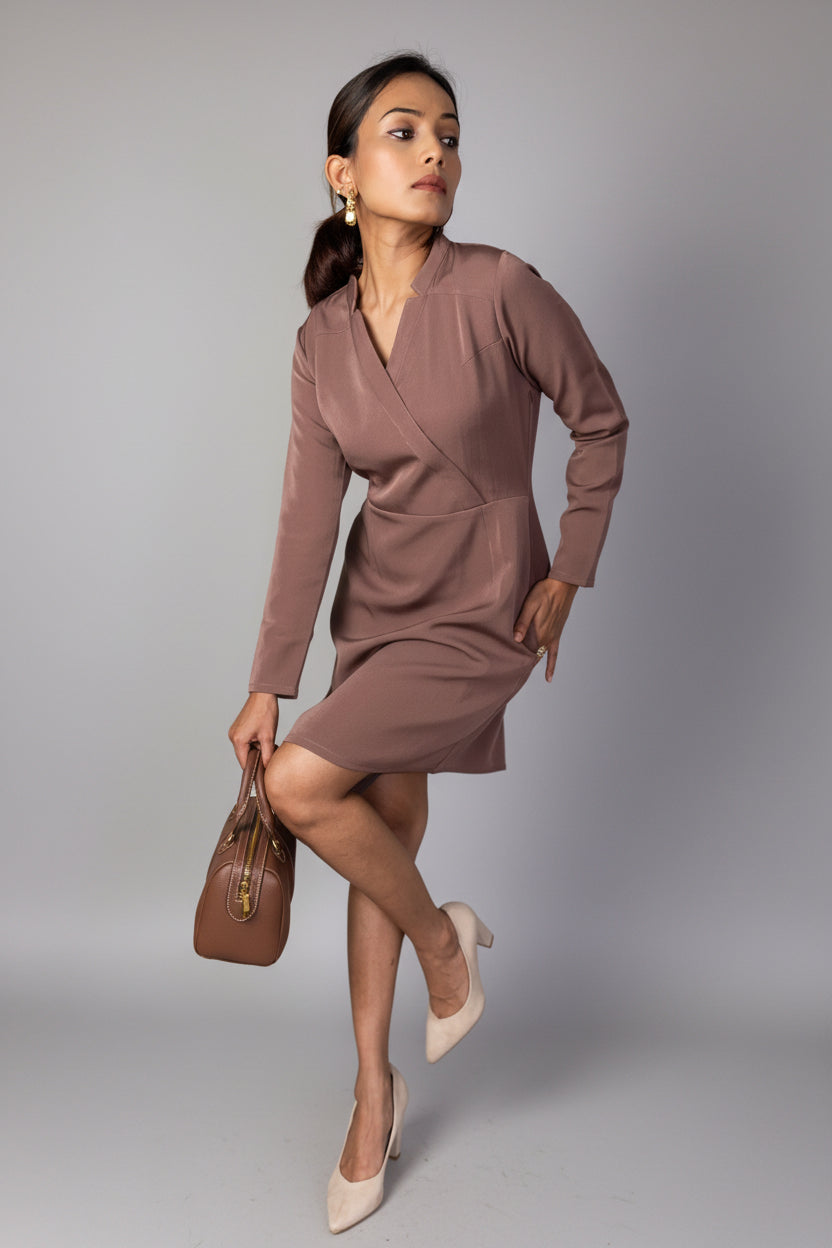 Mocha Brown Full-Sleeves Petite Dress