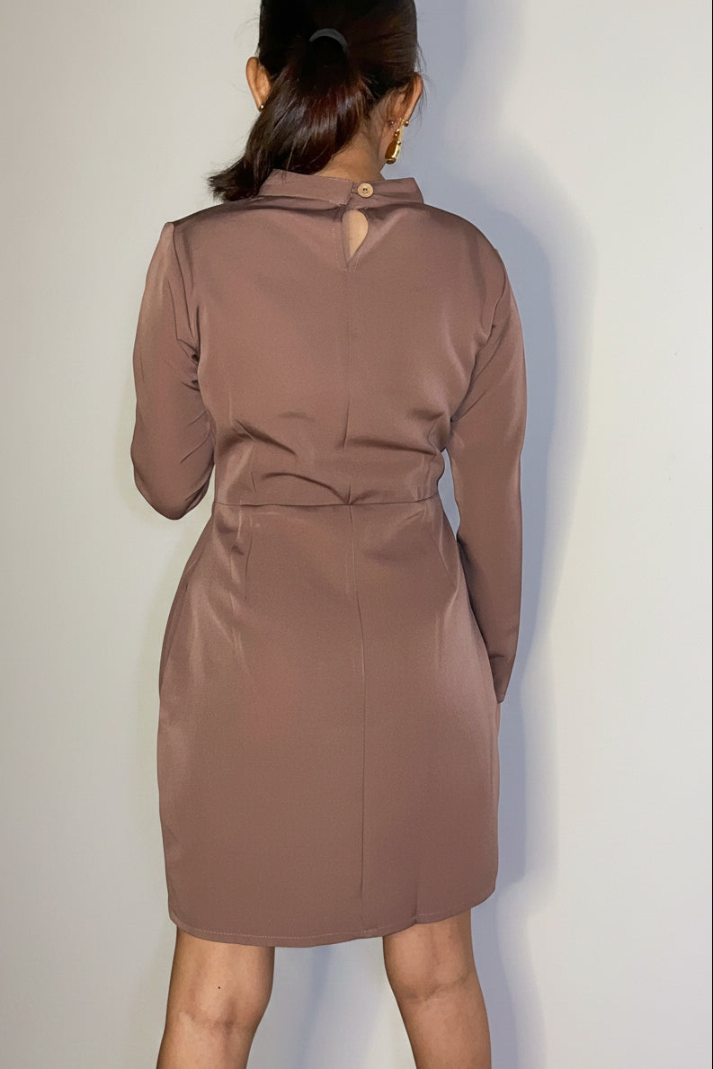 Mocha Brown Full-Sleeves Petite Dress