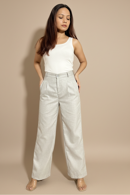 Woman wearing grey petite pants