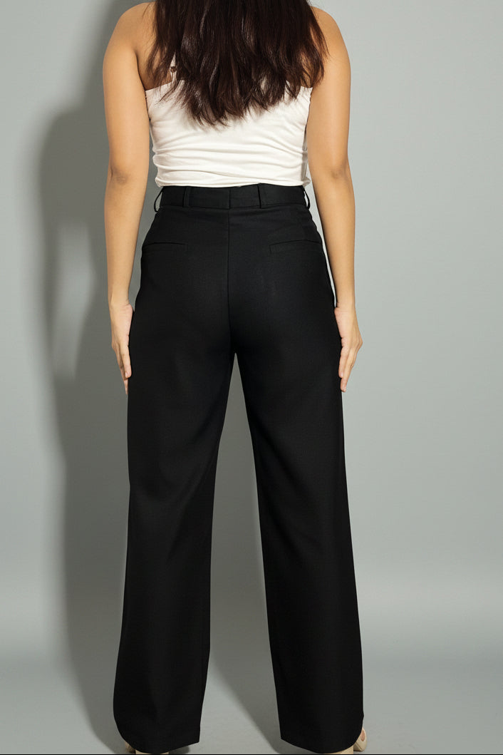 back pose of a black straight fit petite pants