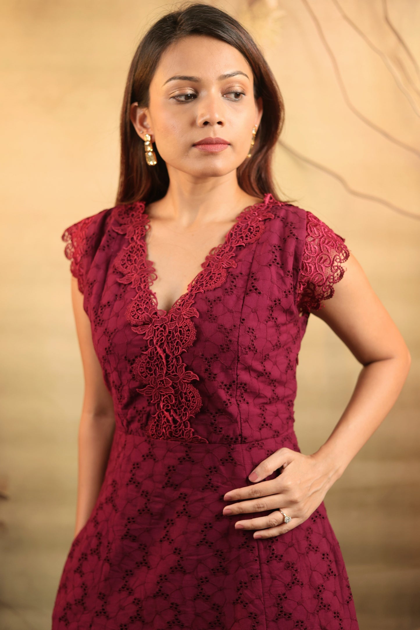 Lace closeup of maroon cotton midi petite dress