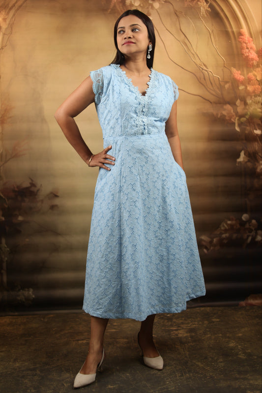 Light Blue Cotton Schiffli Midi Dress