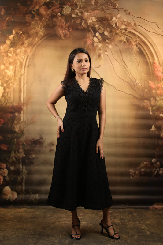 Black Cotton Schiffli Midi Dress