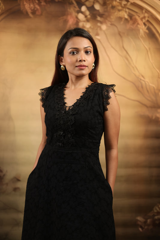 Black Cotton Schiffli Midi Dress
