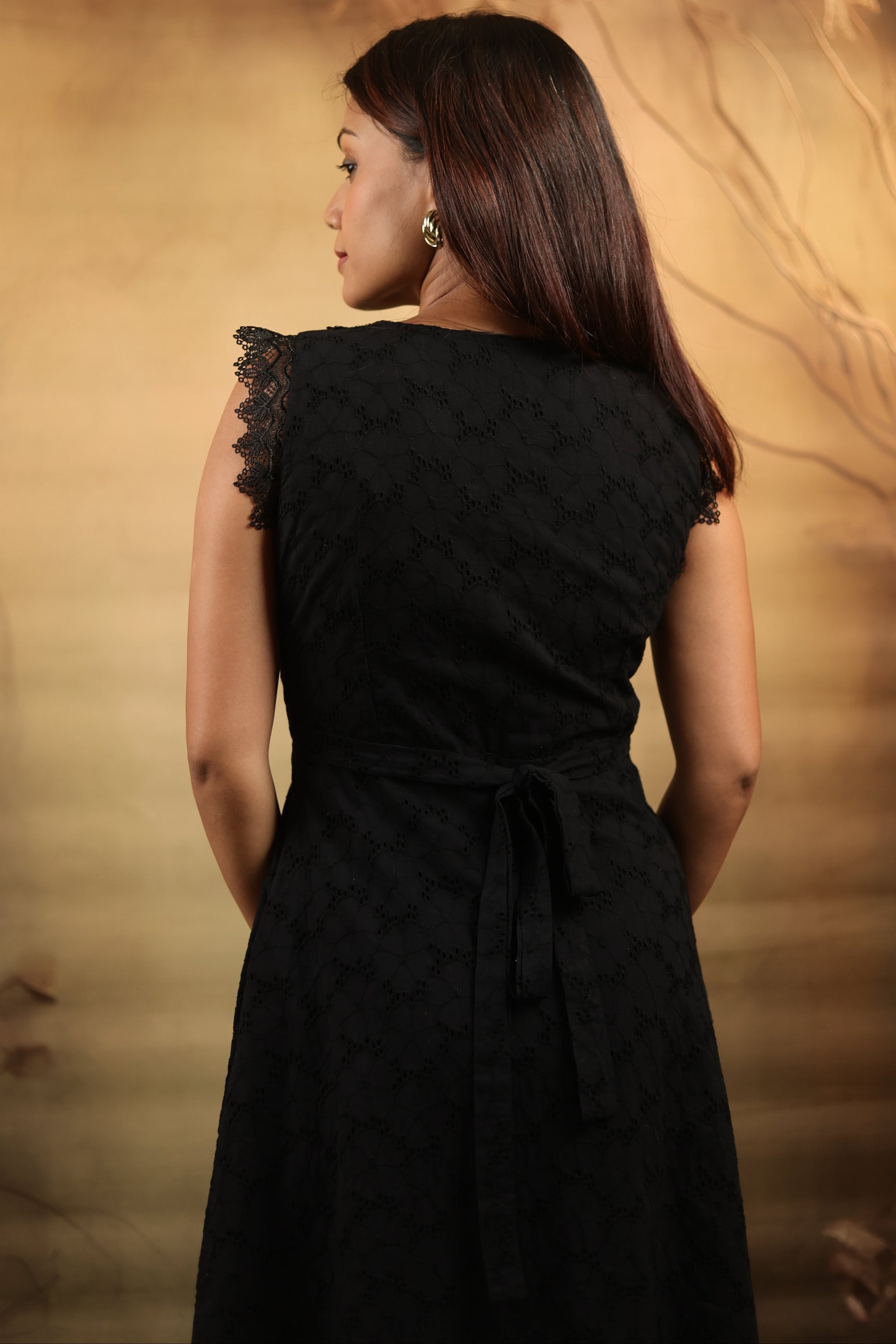 Black Cotton Lace Petite Dress with a tie belt