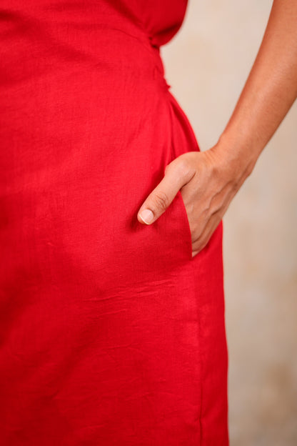 Petite red midi cotton dress with pockets