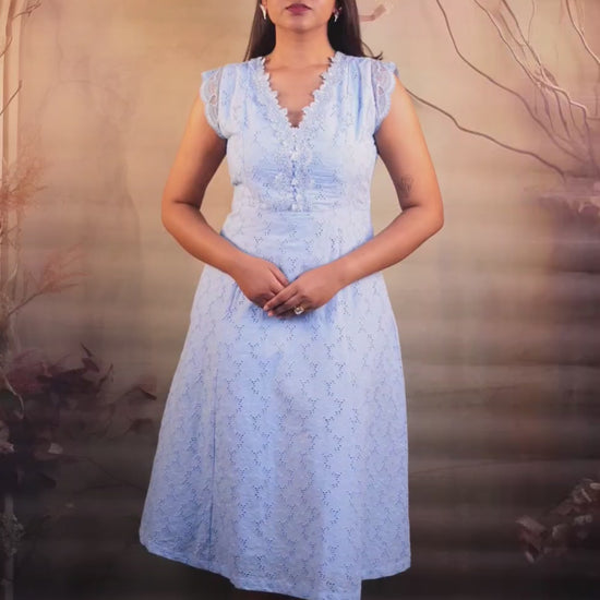 Video of Blue Cotton Schiffli Midi Petite Dress with lace