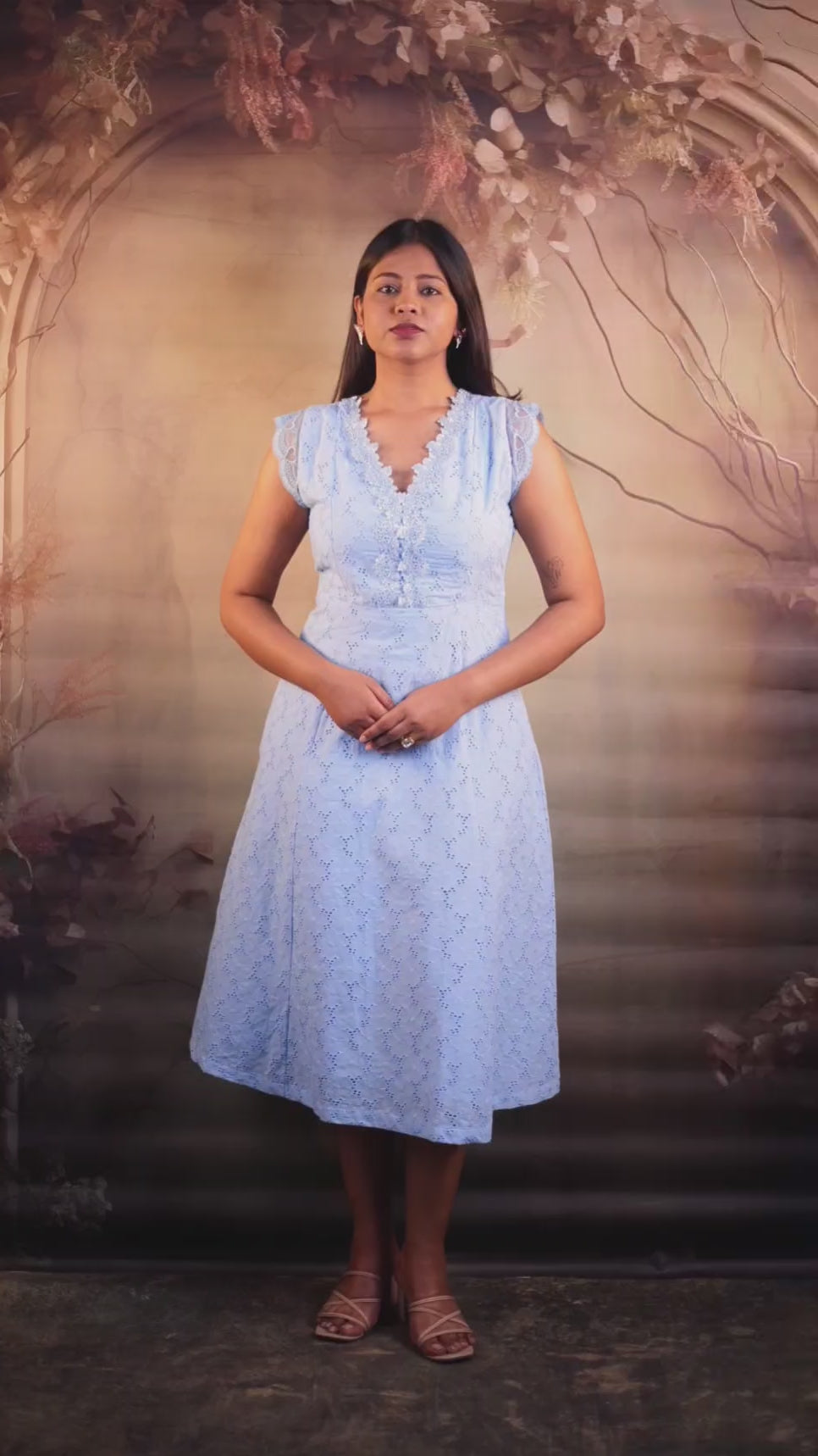 Video of Blue Cotton Schiffli Midi Petite Dress with lace